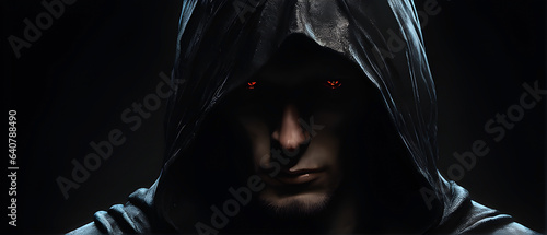 Portrait of a misterious man in a hoodie with glowing red eyes on a black background. Concept for fallen angel. photo