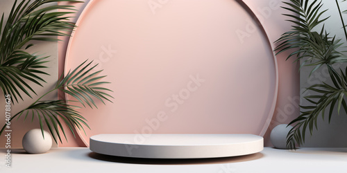 This 3D-rendered abstract cosmetic background offers a serene presentation platform with a palm leaf accent  set against a soft pastel backdrop..