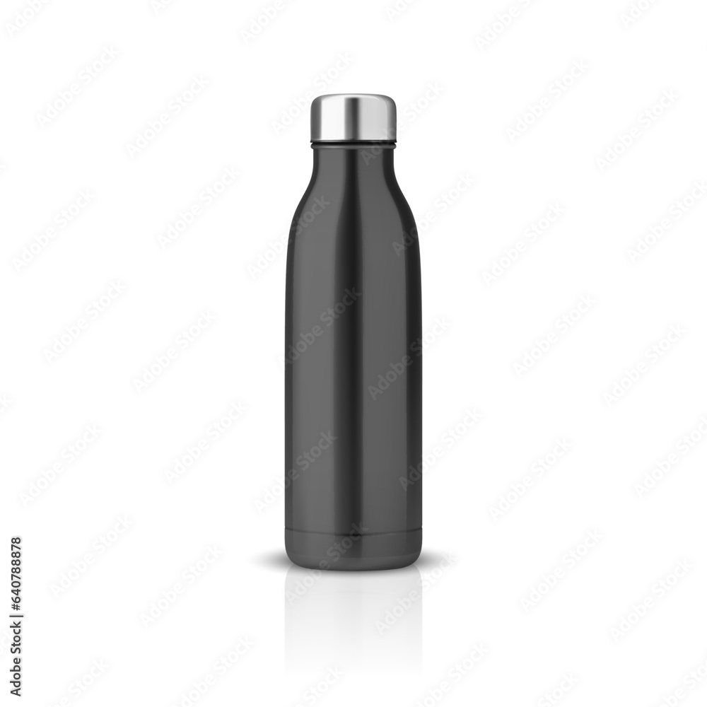 Vector Realistic 3d Black Empty Glossy Metal Reusable Water Bottle with Silver Bung Closeup Isolated. Design template of Packaging Mockup with Reflection. Front View Vector Realistic 3d Black Empty Glossy Metal Reusable Water Bottle with Silver Bung Closeup Isolated. Design template of Packaging Mockup with Reflection. Front View