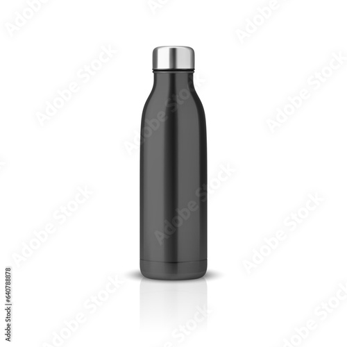 Vector Realistic 3d Black Empty Glossy Metal Reusable Water Bottle with Silver Bung Closeup Isolated. Design template of Packaging Mockup with Reflection. Front View
