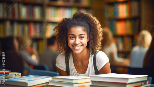 Portrait of a beautiful African American student girl readings book, knowledge and literature research. Smiling looking at the camera. Portrait, education and happy female. 