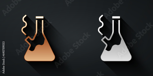 Gold and silver Glass bong for smoking marijuana or cannabis icon isolated on black background. Long shadow style. Vector