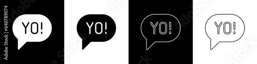 Set Yo slang lettering icon isolated on black and white background. Greeting words. Vector