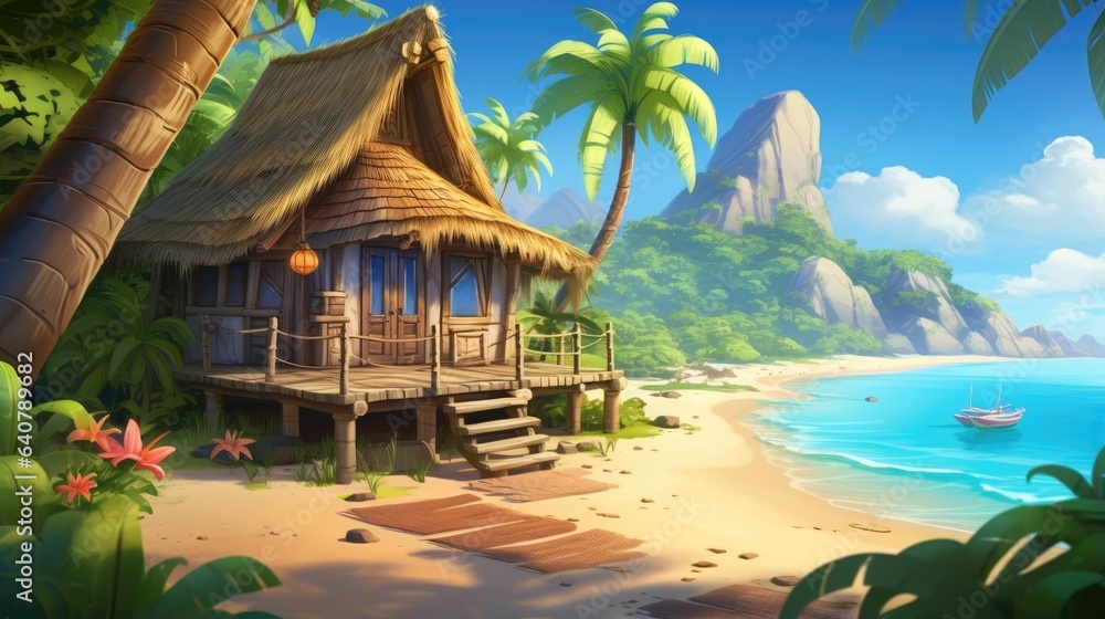 A wooden house at a tropical beach