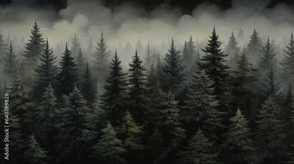  a painting of a forest filled with lots of tall trees.  generative ai