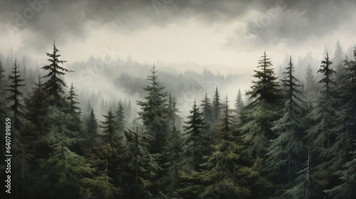  a painting of a forest filled with lots of tall trees. generative ai