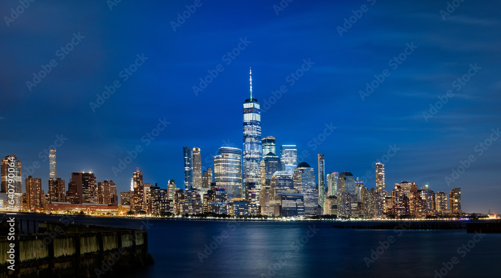 Lower Manhattan at night as seen from New Jersey.