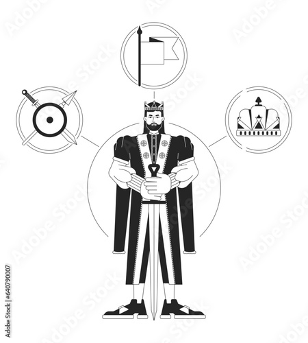Ruler person archetype bw concept vector spot illustration. Empowered king with sword 2D cartoon flat line monochromatic character for web UI design. Psychology editable isolated outline hero image