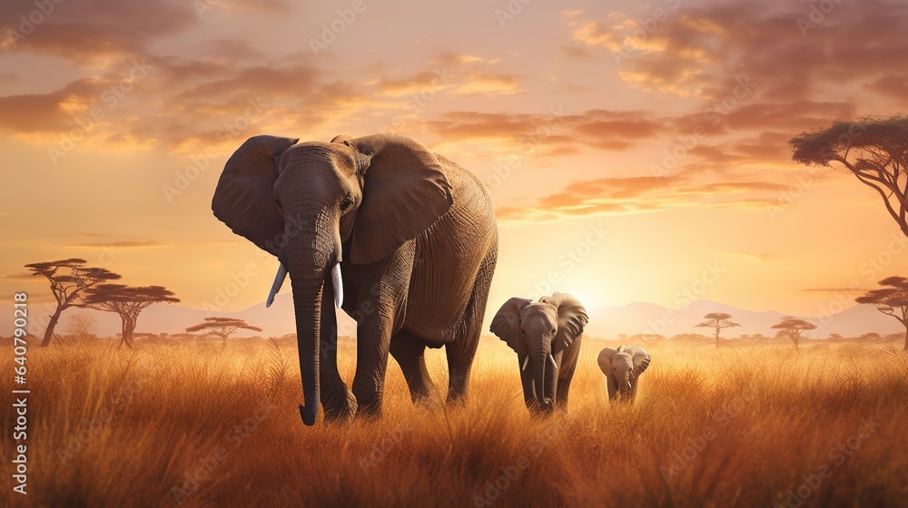  a large elephant and two small elephants walking in a field.  generative ai