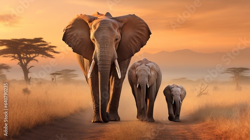  a couple of elephants are walking down a dirt road in the wild. generative ai