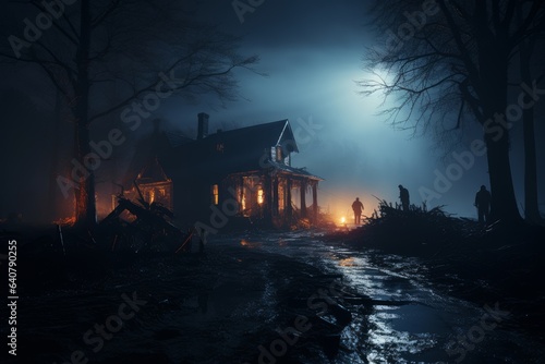 terrifying haunted house at night on halloween