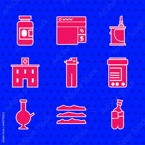 Set Lighter, Cocaine or heroin drug, Bong for smoking marijuana, Medicine bottle and pills, Glass bong, Medical hospital building, Electronic cigarette and icon. Vector