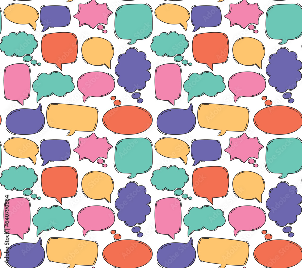 Seamless colrful pattern of hand drawn empty different shape speech bubbles. Vector background with doodle elements Seamless colrful pattern of hand drawn empty different shape speech bubbles. Vector background with doodle elements