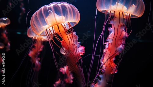 Photo of a mesmerizing group of jellyfish gracefully floating in the shimmering water