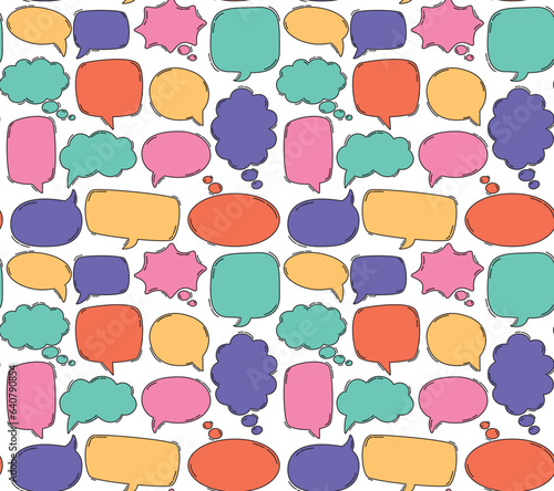 Seamless colrful pattern of hand drawn empty different shape speech bubbles. Vector background with doodle elements 