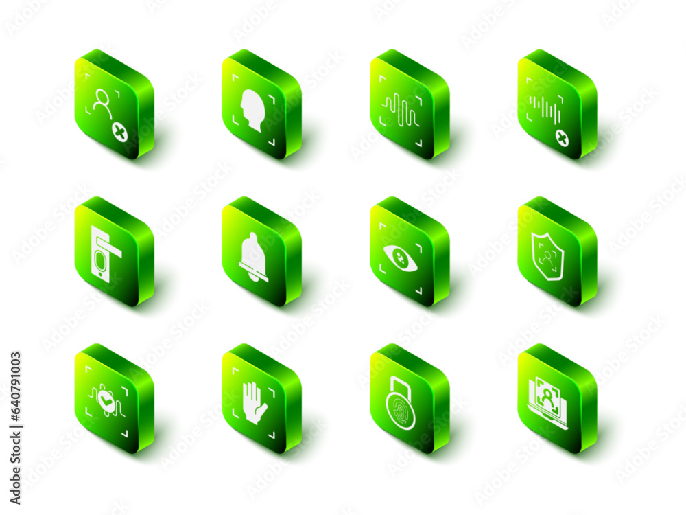 Set Face recognition, Voice, Rejection voice, Shield face, Laptop with, Eye scan, Fingerprint lock and Palm icon. Vector Set Face recognition, Voice, Rejection voice, Shield face, Laptop with, Eye scan, Fingerprint lock and Palm icon. Vector