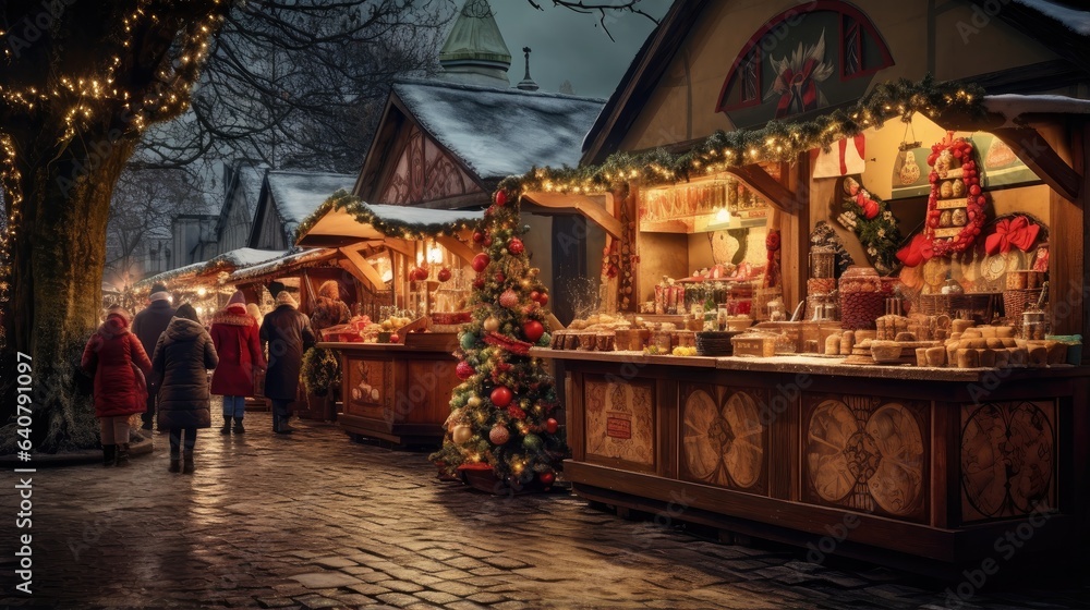 Fototapeta premium bustling Christmas market with rows of vendor stalls adorned with vibrant decorations and twinkling lights, creating a festive atmosphere.