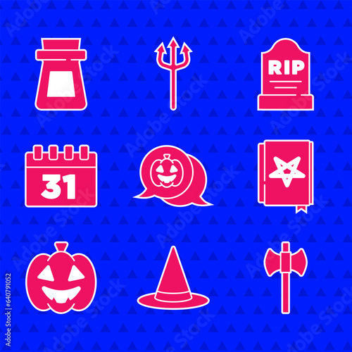 Set Pumpkin, Witch hat, Wooden axe, Ancient magic book, Calendar with Halloween, Tombstone RIP written and Bottle potion icon. Vector