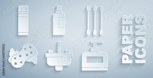 Set Washbasin with water tap, Cotton swab for ears, Sponge, Bottle of shampoo, cleaning agent and Shaving gel foam icon. Vector