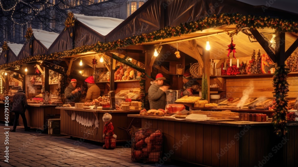 bustling Christmas market with rows of vendor stalls adorned with vibrant decorations and twinkling lights, creating a festive atmosphere. bustling Christmas market with rows of vendor stalls adorned with vibrant decorations and twinkling lights, creating a festive atmosphere.