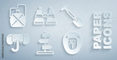 Set Road traffic sign, Shovel, Elephant, Wild lion, Binoculars and Canteen water bottle icon. Vector