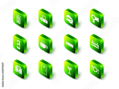 Set Suitcase, Five stars rating review, Hair dryer, Signboard with text Hotel, Plate, fork and knife, Air conditioner, Martini glass and Shower cabin icon. Vector