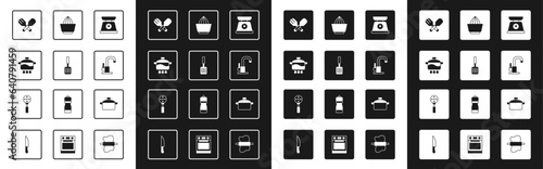 Set Scales, Barbecue spatula, Cooking pot, Crossed fork and spoon, Water tap, Citrus fruit juicer, and Spatula icon. Vector