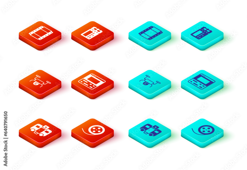 Set Actor trailer, Film reel, Drone flying, Video recorder laptop, Cinema ticket and Play icon. Vector Set Actor trailer, Film reel, Drone flying, Video recorder laptop, Cinema ticket and Play icon. Vector