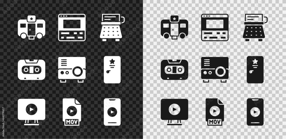 Set Actor trailer, Video recorder on laptop, Retro typewriter, Online play video, MOV file document, audio cassette tape and Media projector icon. Vector Set Actor trailer, Video recorder on laptop, Retro typewriter, Online play video, MOV file document, audio cassette tape and Media projector icon. Vector