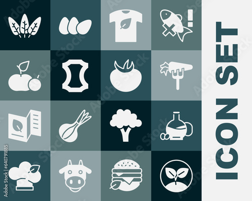 Set Sprout, Bottle of olive oil, Carrot, Vegan shirt, Leather, Apple, Leaf and Tomato icon. Vector