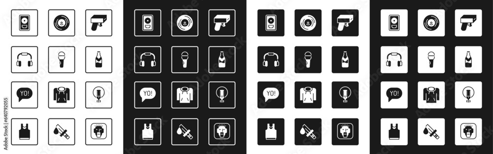 Set Money gun, Microphone, Headphones, CD disk award in frame, Beer bottle, Vinyl, and Yo slang lettering icon. Vector Set Money gun, Microphone, Headphones, CD disk award in frame, Beer bottle, Vinyl, and Yo slang lettering icon. Vector