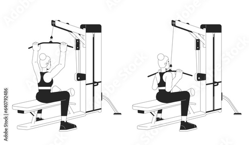 Working out on lat pulldown machine bw vector spot illustration. Female 2D cartoon flat line monochromatic character for web UI design. Upper-body strength workout editable isolated outline hero image