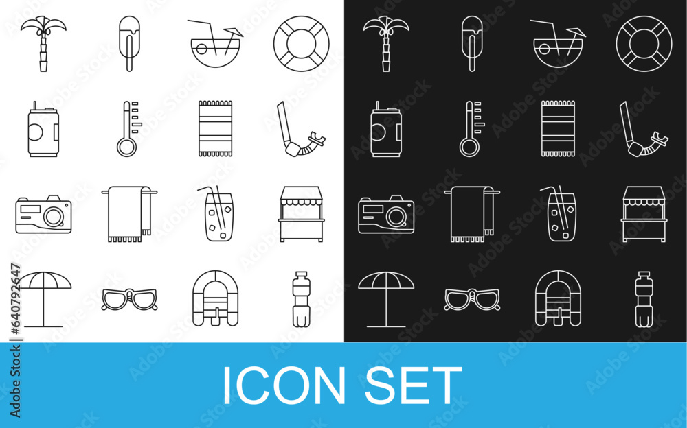 Set line Bottle of water, Street stall with awning, Snorkel, Coconut cocktail, Meteorology thermometer, Soda can, Tropical palm and Beach towel icon. Vector