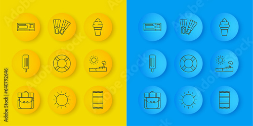 Set line Hiking backpack, Ice cream, Lifebuoy, Beach towel, with umbrella and chair, Travel ticket, waffle cone and Rubber flippers icon. Vector
