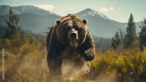 Adult brown bear running head-on towards camera.
