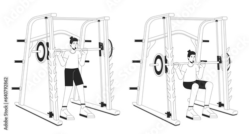 Muscle building with weight power rack bw vector spot illustration. Sportsman 2D cartoon flat line monochromatic character for web UI design. Gaining muscle mass editable isolated outline hero image