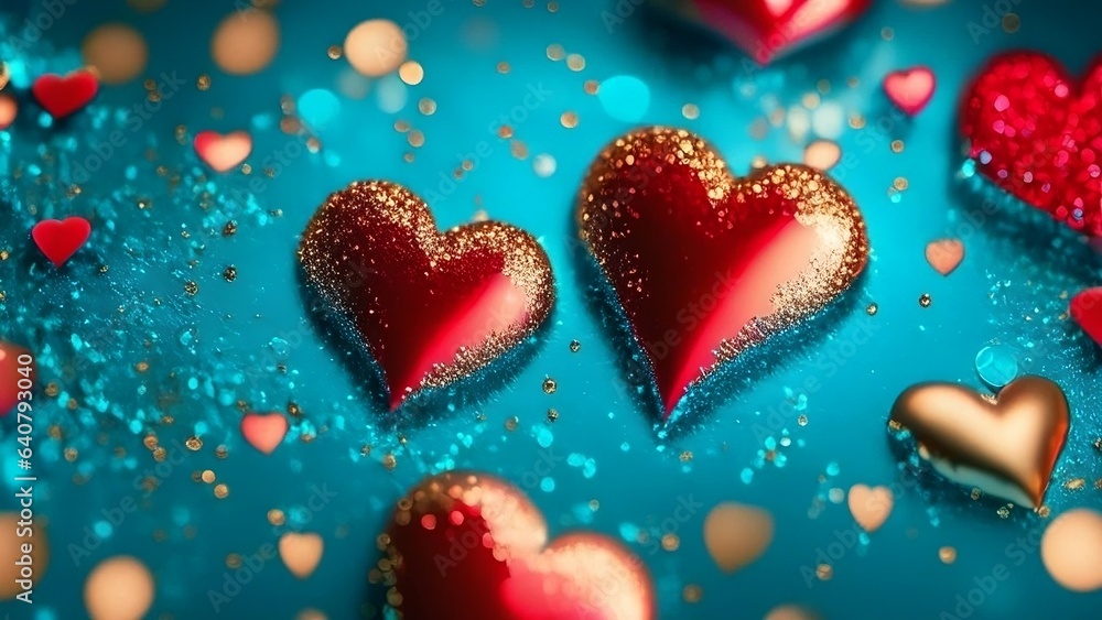 Red and golden hearts with bokeh background