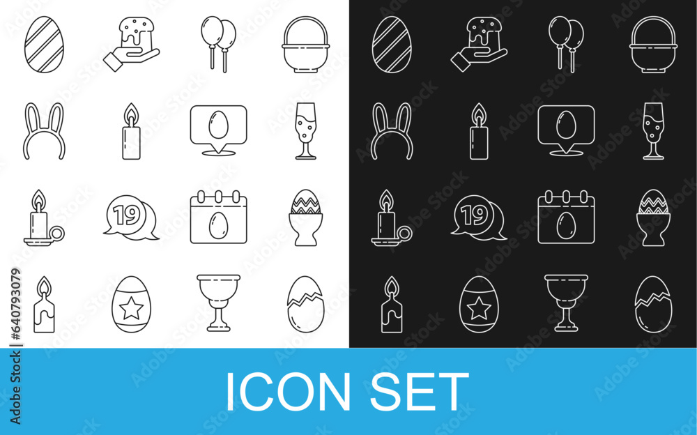 Set line Broken egg, Easter on a stand, Wine glass, Balloons with ribbon, Burning candle, Mask long bunny ears, and Speech bubble easter icon. Vector