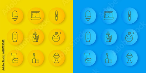 Set line Cream or lotion cosmetic tube, Antiperspirant deodorant roll, Perfume, Mascara brush and Makeup powder with mirror icon. Vector