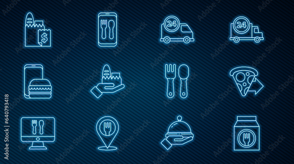 Set line Online ordering and delivery, pizza, Fast by car, Fork spoon and icon. Vector