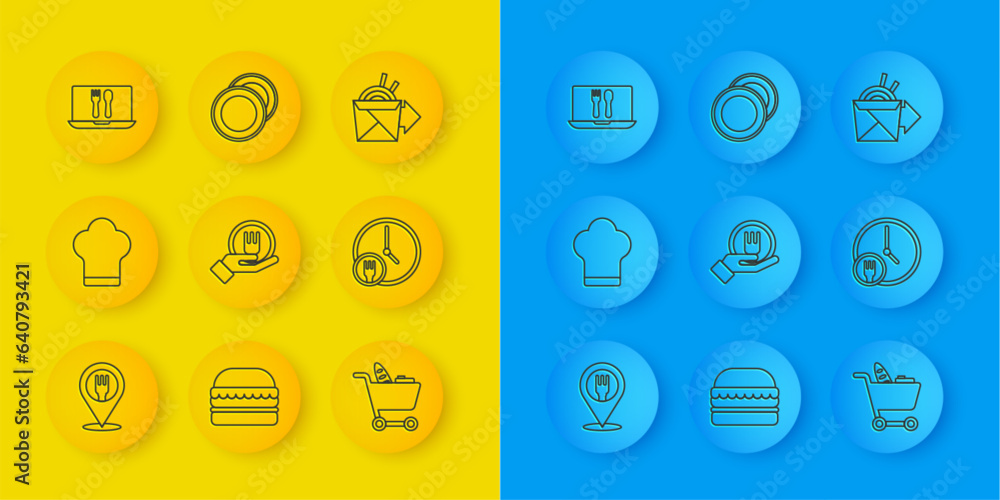 Set line Cafe and restaurant location, Chef hat, Online ordering delivery, Shopping cart food, Round the clock, noodles and Plate icon. Vector Set line Cafe and restaurant location, Chef hat, Online ordering delivery, Shopping cart food, Round the clock, noodles and Plate icon. Vector