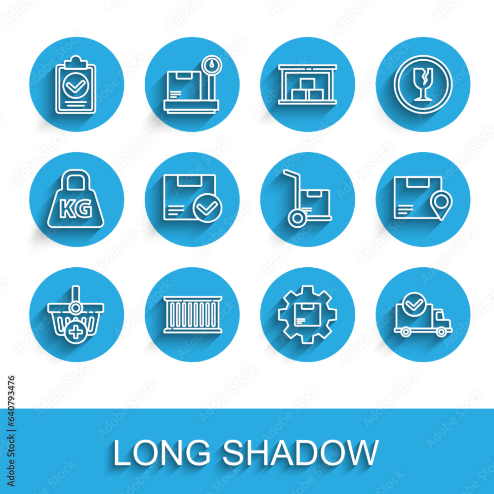 Set line Add to Shopping basket, Container, Verification of delivery list clipboard, Gear wheel with package box, Delivery truck check mark, Package, Location cardboard and Hand and boxes icon. Vector Set line Add to Shopping basket, Container, Verification of delivery list clipboard, Gear wheel with package box, Delivery truck check mark, Package, Location cardboard and Hand and boxes icon. Vector