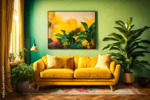 A cozy room filled with a plush loveseat, adorned with colorful cushions and a vibrant house plant,