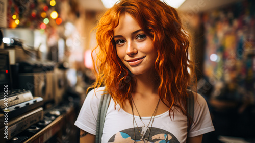 Vibrant 18-year-old redhead, winking playfully. White tee, vintage record store backdrop. Emphasizes contrast, natural beauty and youthful nostalgia.