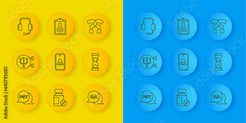 Set line Psychology, Psi, Psychologist online, Question and Answer, Old hourglass, mark and Medical clipboard icon. Vector