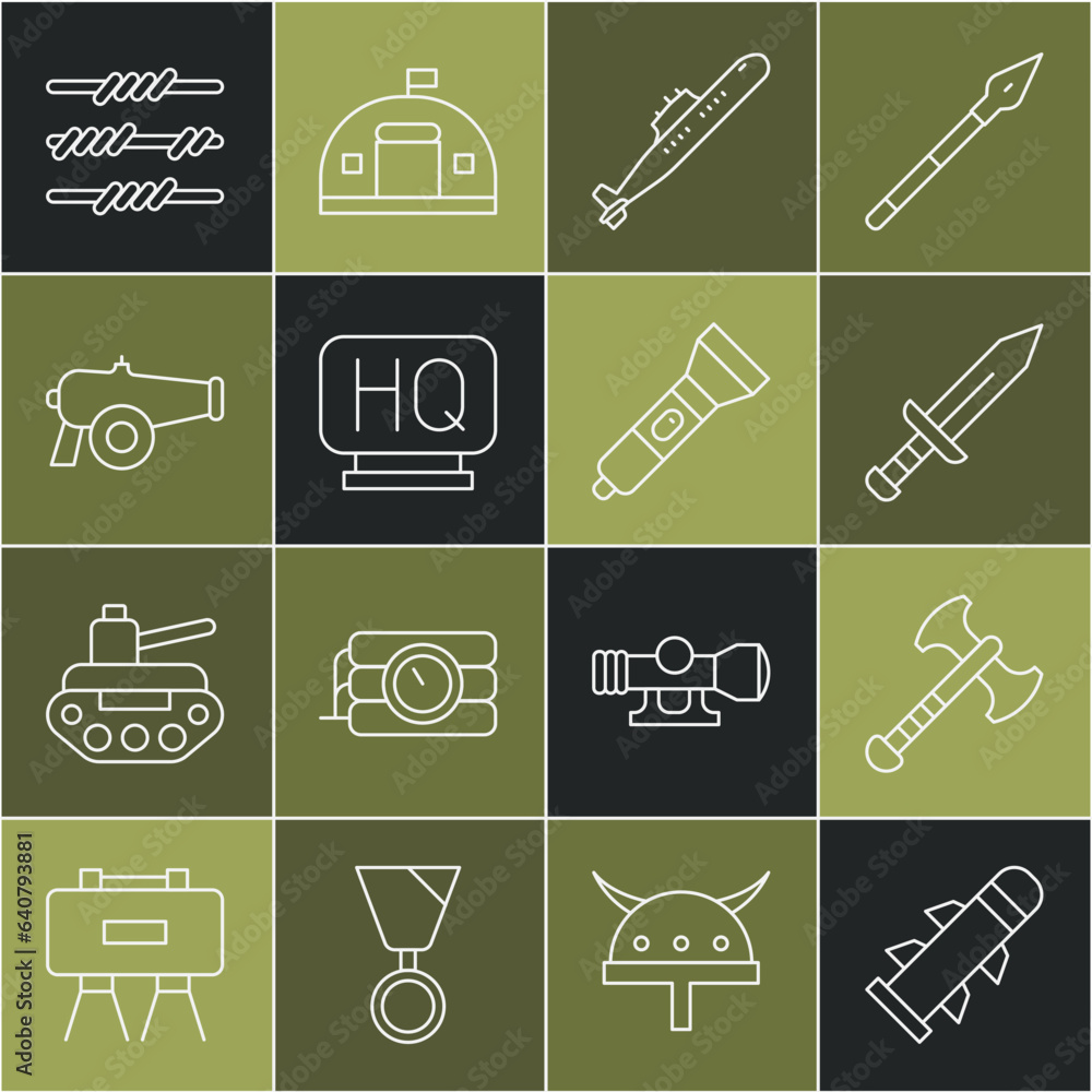 Set line Rocket, War axe, Sword, Submarine, Military headquarters, Cannon, Barbed wire and Flashlight icon. Vector Set line Rocket, War axe, Sword, Submarine, Military headquarters, Cannon, Barbed wire and Flashlight icon. Vector