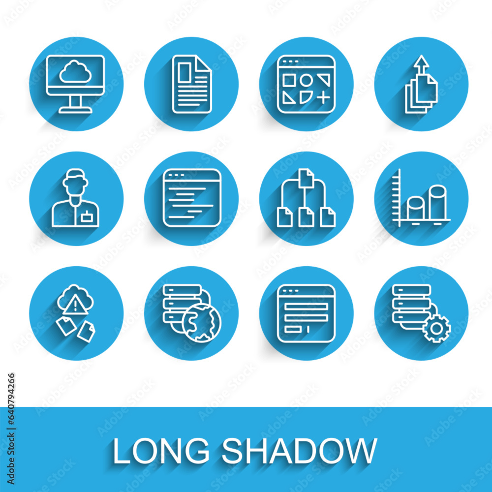 Set line Cloud hacking, Network cloud connection, technology data transfer, Browser window, Server and gear, Software, Data analysis and Folder tree icon. Vector Set line Cloud hacking, Network cloud connection, technology data transfer, Browser window, Server and gear, Software, Data analysis and Folder tree icon. Vector