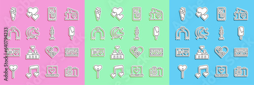 Set line Photo camera, Play Video with heart, Ice cream, Mobile, Moon and stars, Love magnet, in waffle cone and Burning candle icon. Vector