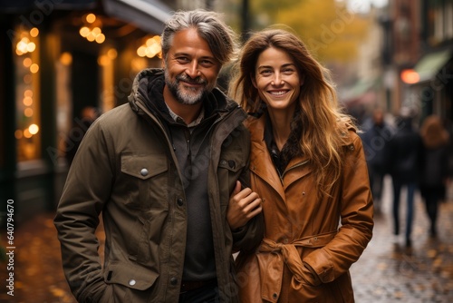 retired couple. Elderly couple walking along a street in a city in autumn.