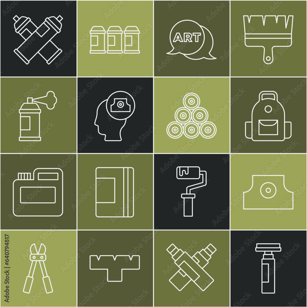 Set line Marker pen, Spray can nozzle cap, School backpack, Speech bubble with text art, Paint spray, and icon. Vector Set line Marker pen, Spray can nozzle cap, School backpack, Speech bubble with text art, Paint spray, and icon. Vector